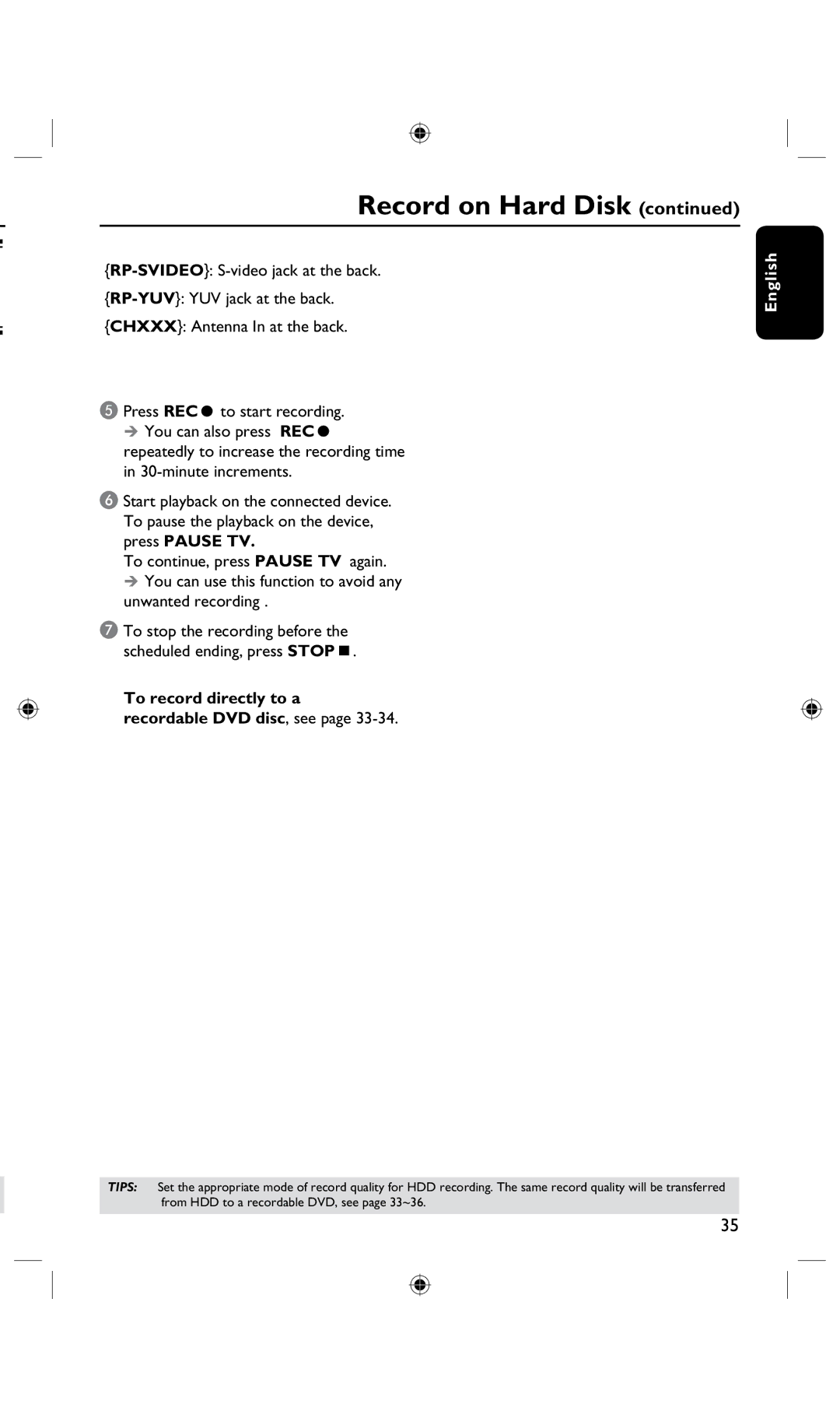 Philips DVDR3435H/93, DVDR3425H user manual To record directly to a Recordable DVD disc, see 