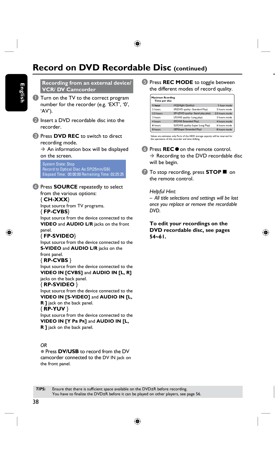 Philips DVDR3435H/93, DVDR3425H user manual Ch-Xxx, Fp-Cvbs, Fp-Svideo, Rp-Cvbs, Rp-Svideo 