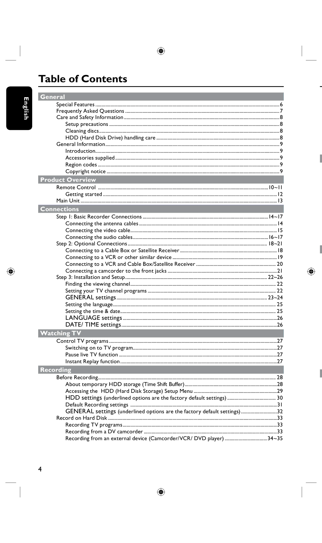 Philips DVDR3425H, DVDR3435H/93 user manual Table of Contents 