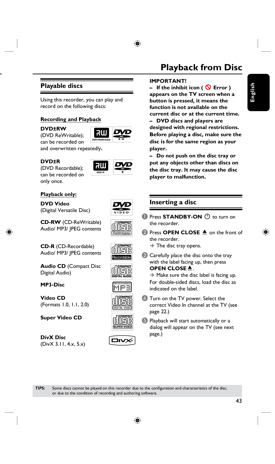 Philips DVDR3425H, DVDR3435H/93 user manual Playback from Disc, Playable discs, Inserting a disc, Dvd±Rw 