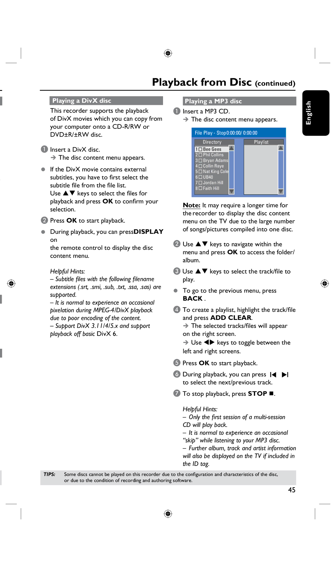 Philips DVDR3425H, DVDR3435H/93 user manual Playing a DivX disc Playing a MP3 disc 