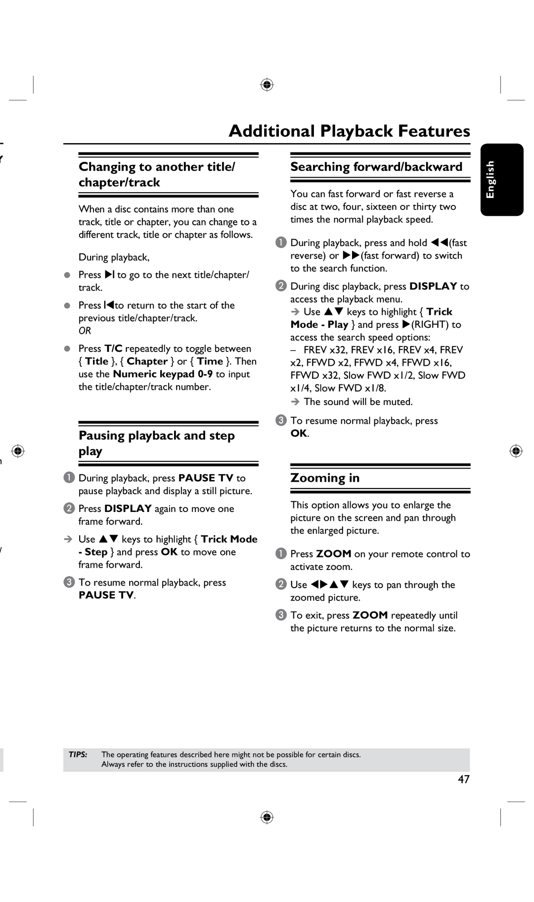 Philips DVDR3435H/93 Additional Playback Features, Changing to another title/ chapter/track, Searching forward/backward 