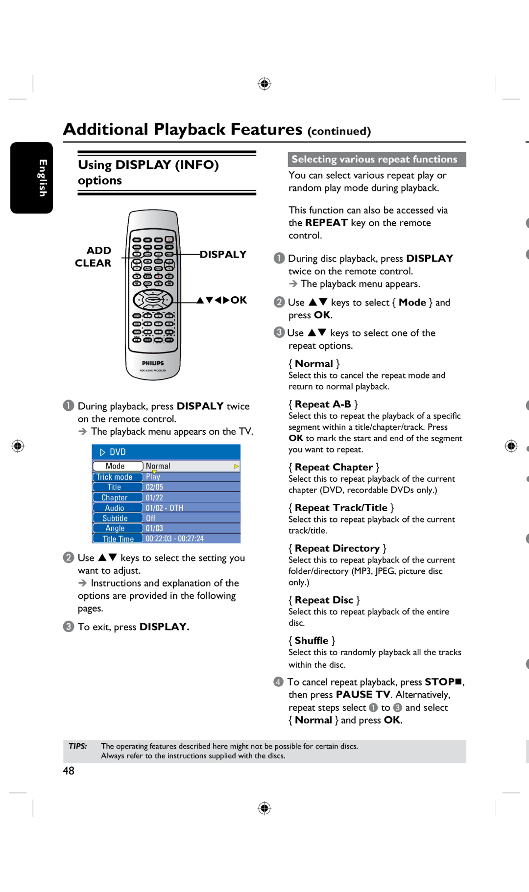 Philips DVDR3435H, DVDR3425H user manual Using Display Info options, ADD Dispaly Clear, Selecting various repeat functions 