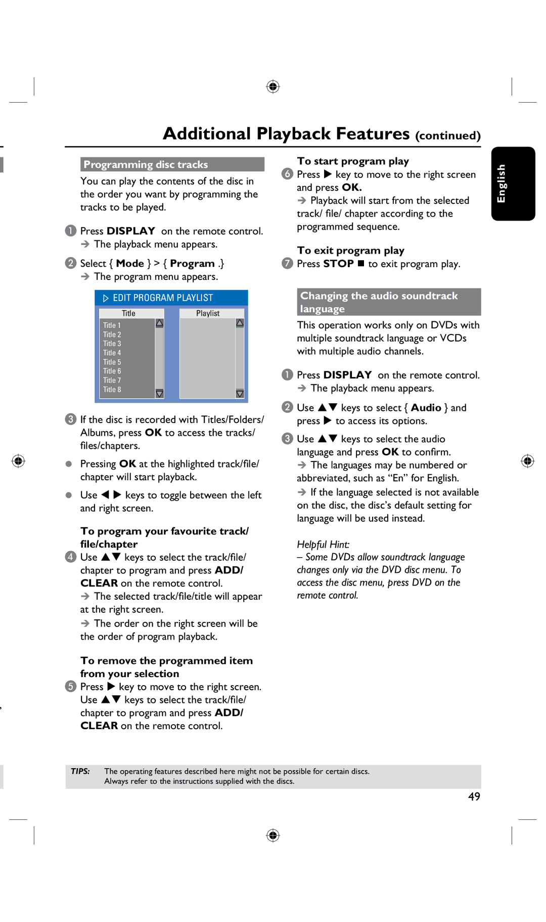 Philips DVDR3425H, DVDR3435H/93 user manual Programming disc tracks, Changing the audio soundtrack language 