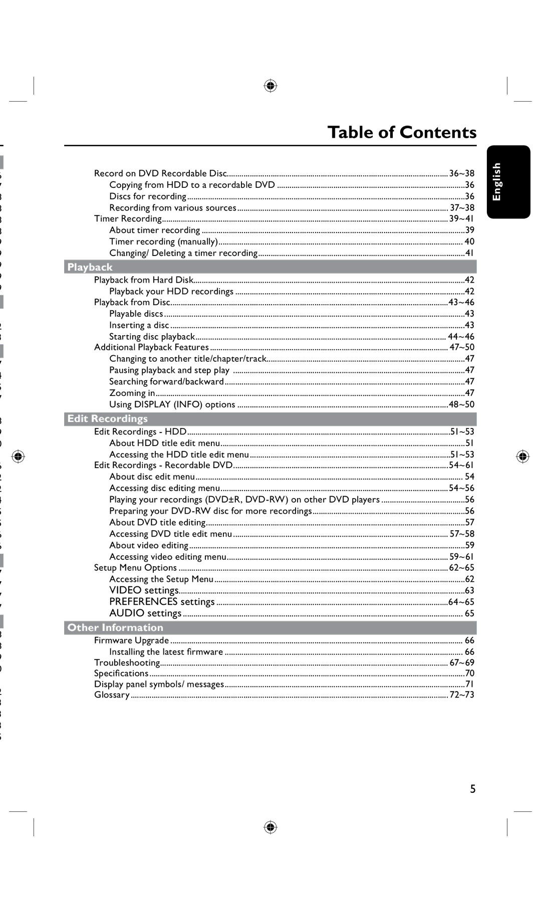 Philips DVDR3435H/93, DVDR3425H user manual Table of Contents 