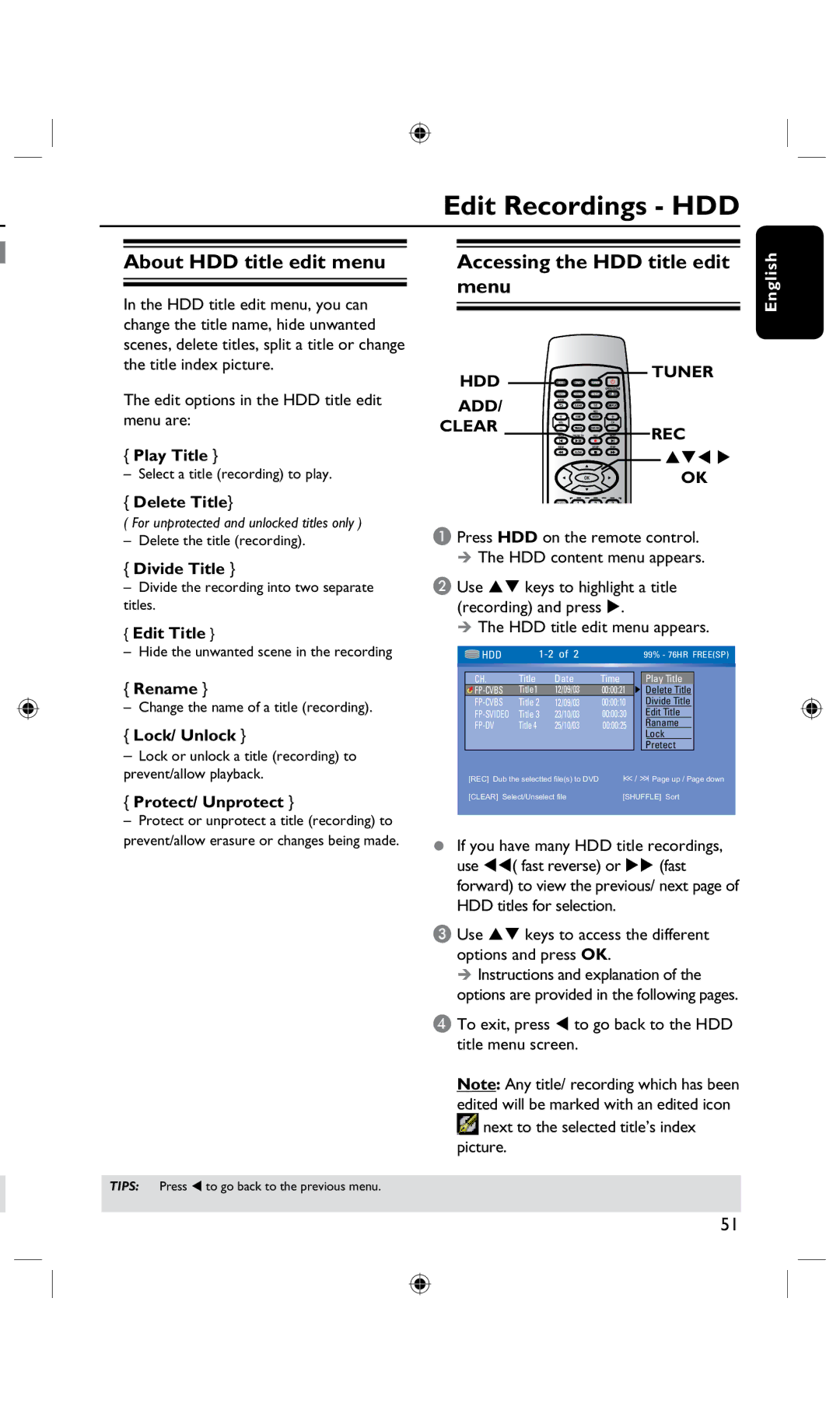 Philips DVDR3435H, DVDR3425H user manual Edit Recordings HDD, About HDD title edit menu, Accessing the HDD title edit menu 