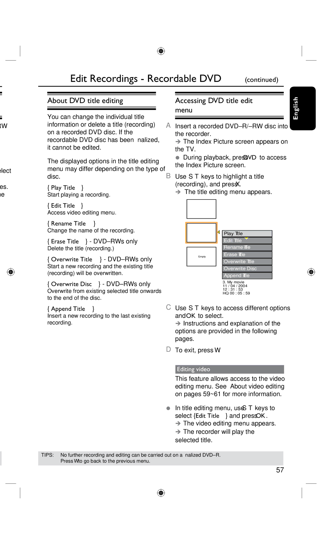 Philips DVDR3435H About DVD title editing, Accessing DVD title edit menu, Rename Title, Append Title, Editing video 