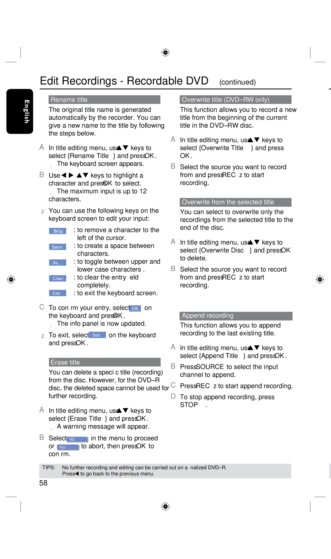 Philips DVDR3425H, DVDR3435H Rename title Overwrite title DVD±RW only English,  The keyboard screen appears, Erase title 