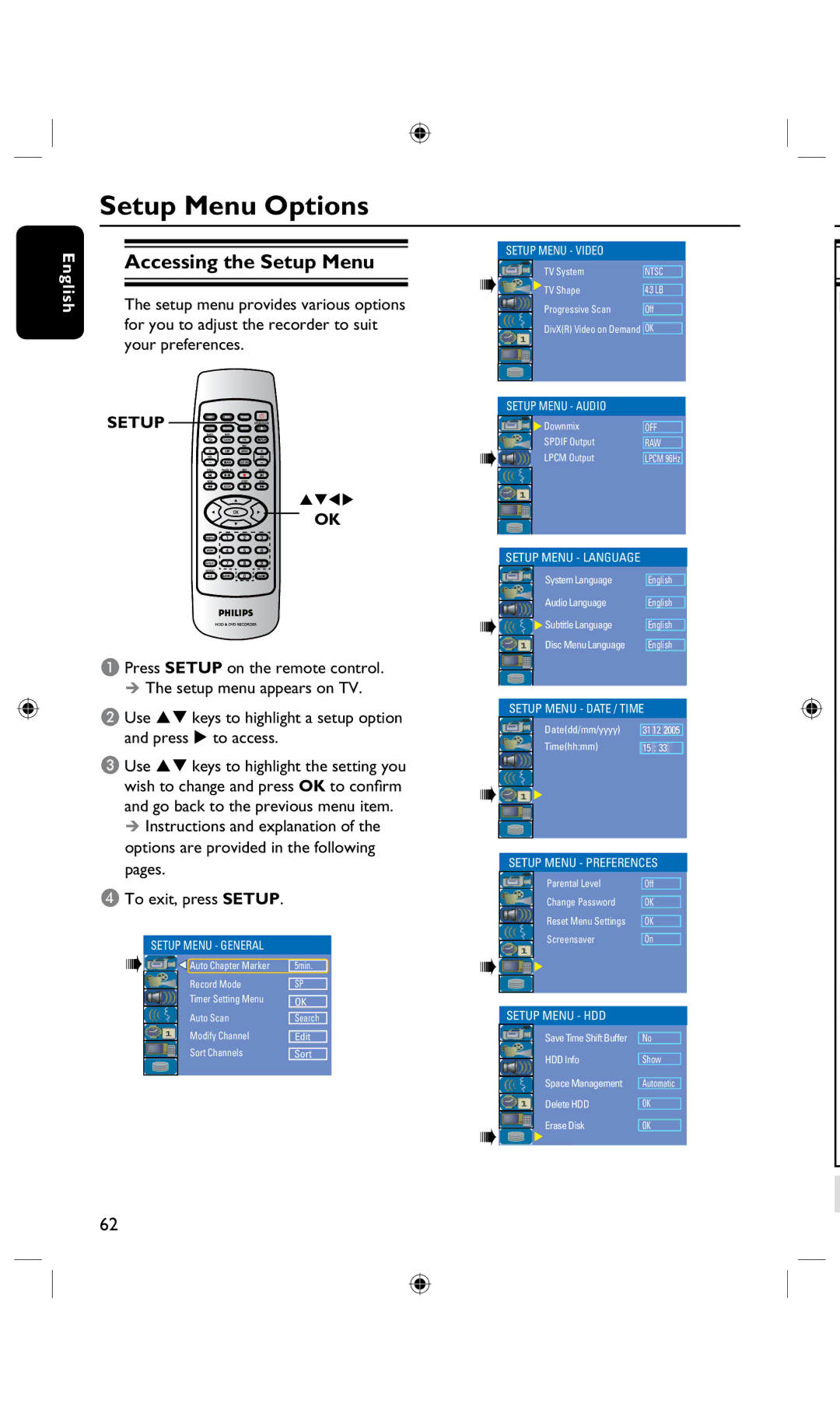 Philips DVDR3435H/93, DVDR3425H user manual Setup Menu Options, Accessing the Setup Menu 