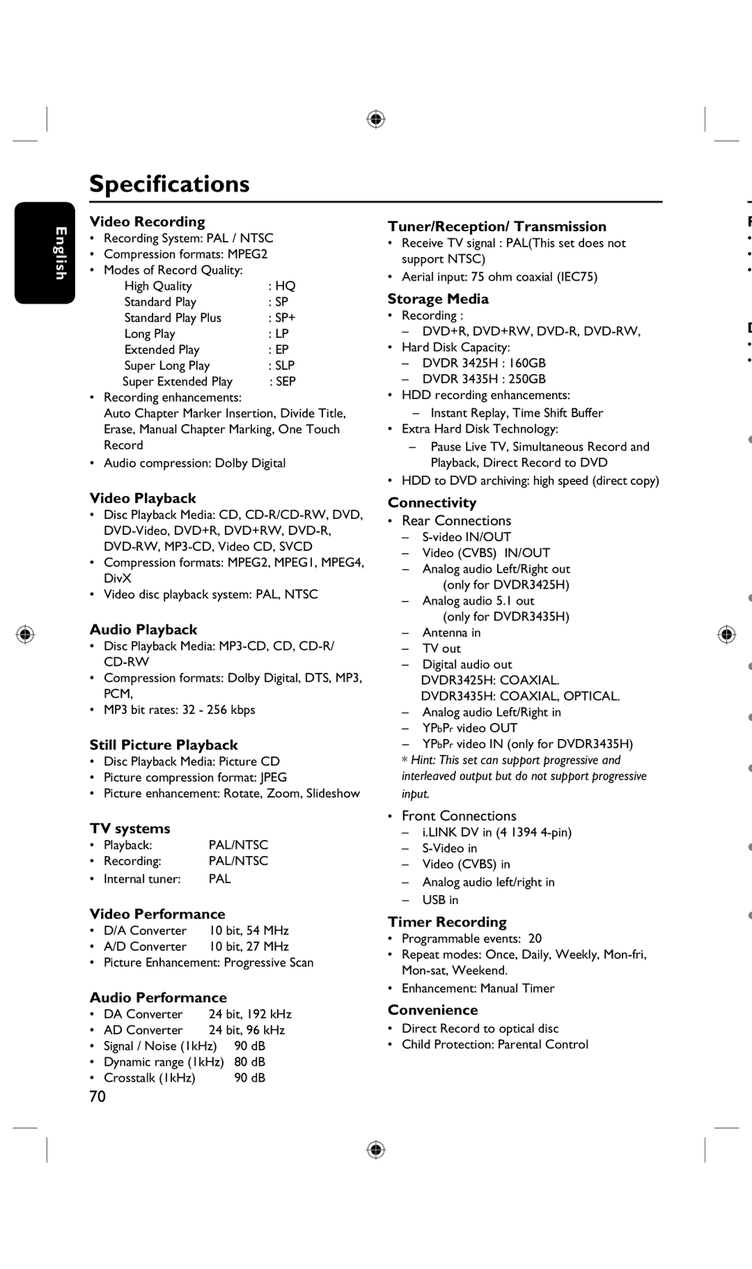 Philips DVDR3425H, DVDR3435H/93 user manual Specifications 