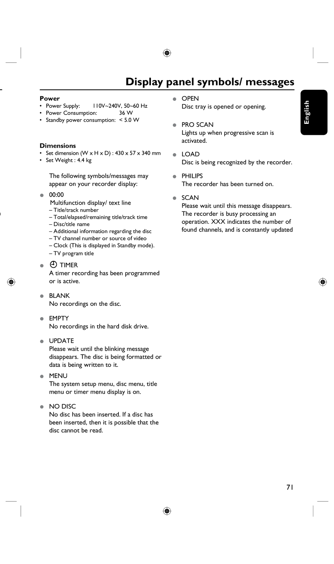 Philips DVDR3435H/93, DVDR3425H user manual Display panel symbols/ messages, Power, Dimensions 