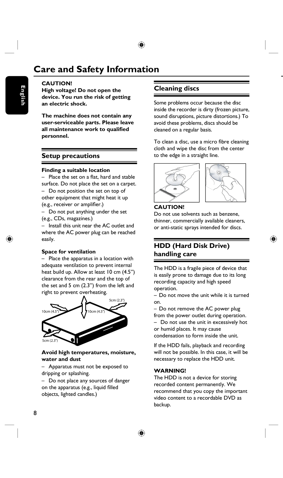 Philips DVDR3435H/93 Care and Safety Information, Setup precautions, Cleaning discs, HDD Hard Disk Drive handling care 