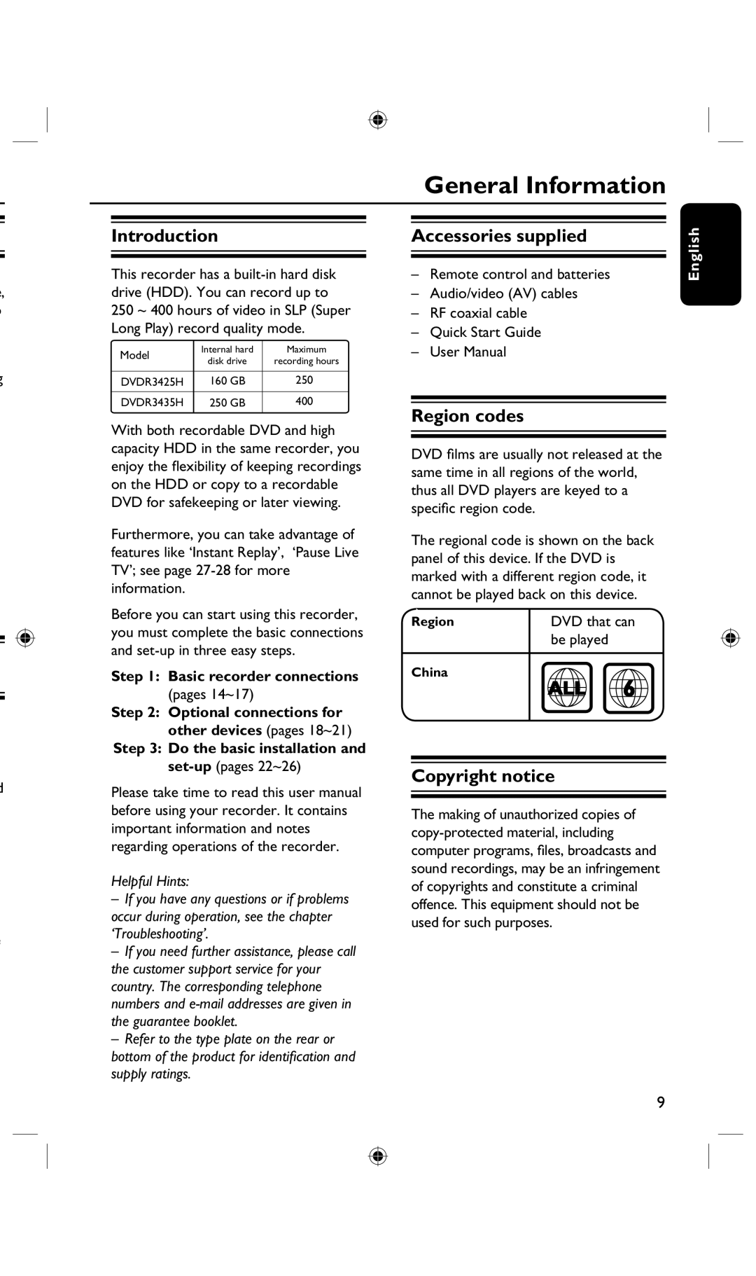 Philips DVDR3435H, DVDR3425H General Information, Introduction, Accessories supplied, Region codes, Copyright notice 