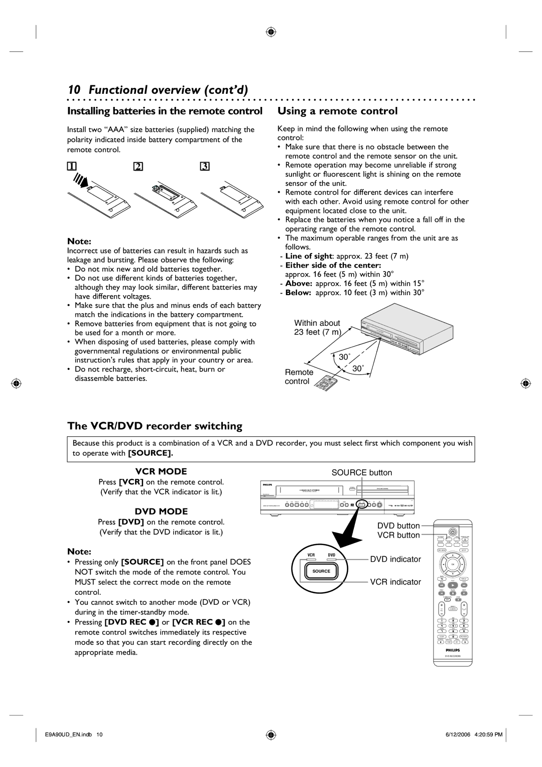 Philips DVDR3435V/37 Installing batteries in the remote control, Using a remote control, VCR/DVD recorder switching 