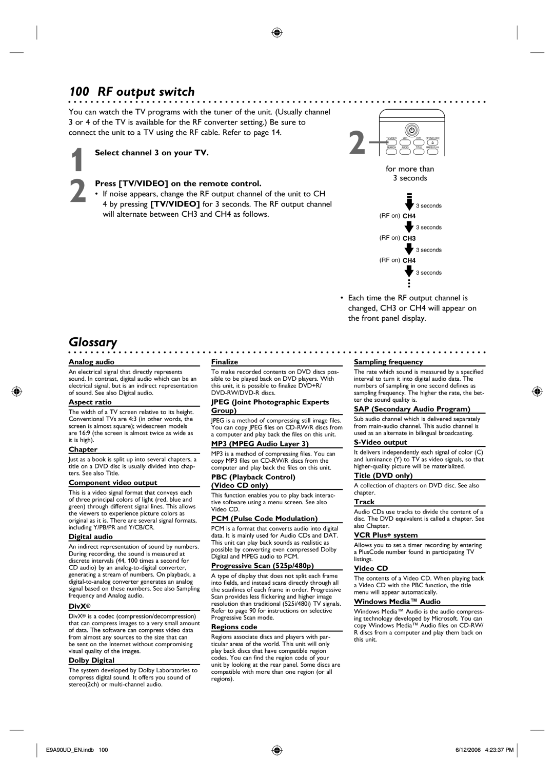 Philips DVDR3435V/37 RF output switch, Glossary, Select channel 3 on your TV, Press TV/VIDEO on the remote control 