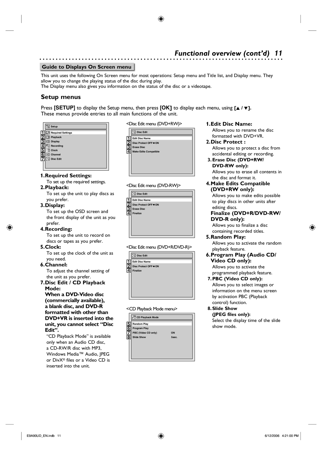 Philips DVDR3435V/37 user manual Setup menus 