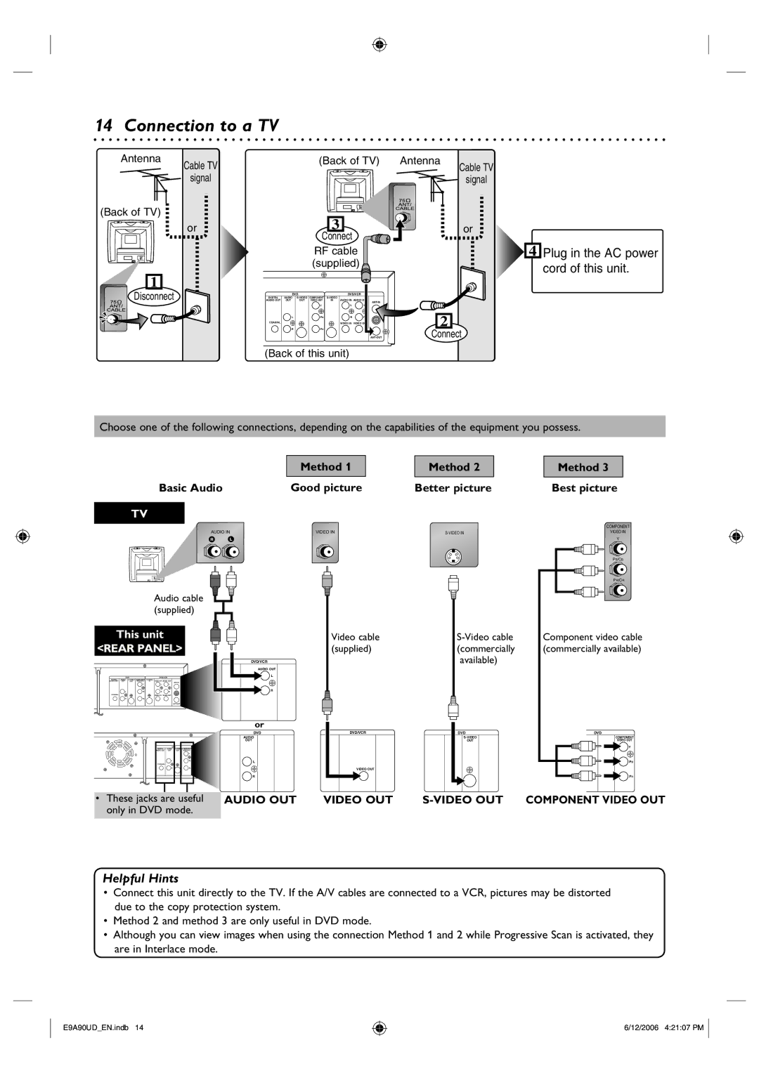 Philips DVDR3435V/37 user manual Connection to a TV, Basic Audio Good picture Method Better picture 