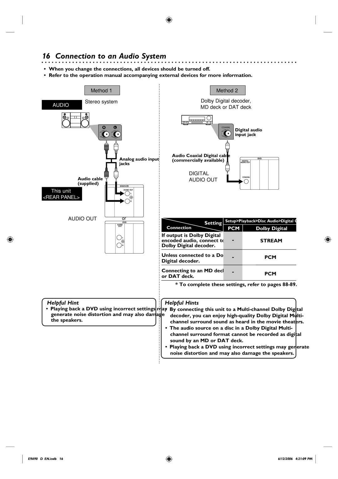 Philips DVDR3435V/37 user manual Connection to an Audio System 