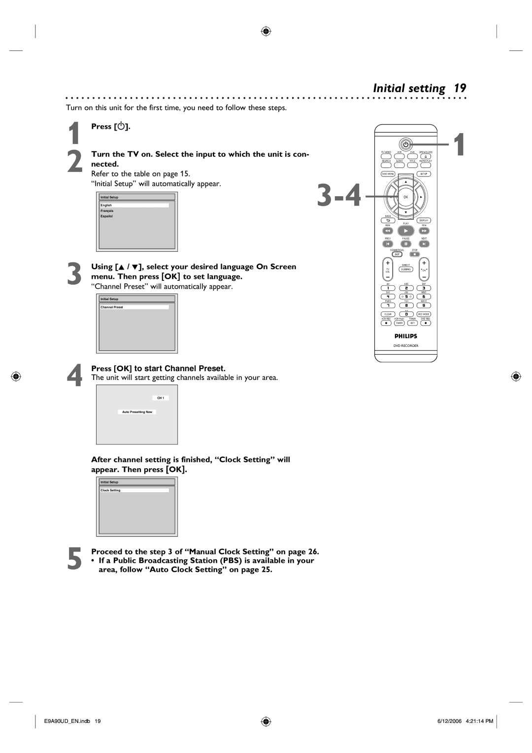 Philips DVDR3435V/37 user manual Initial setting 