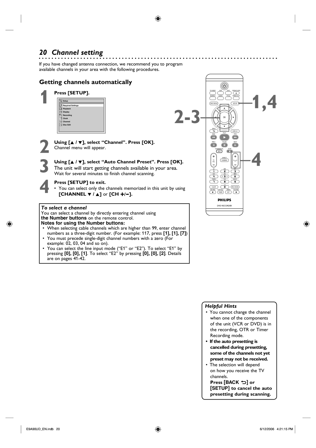 Philips DVDR3435V/37 user manual Channel setting, Getting channels automatically 