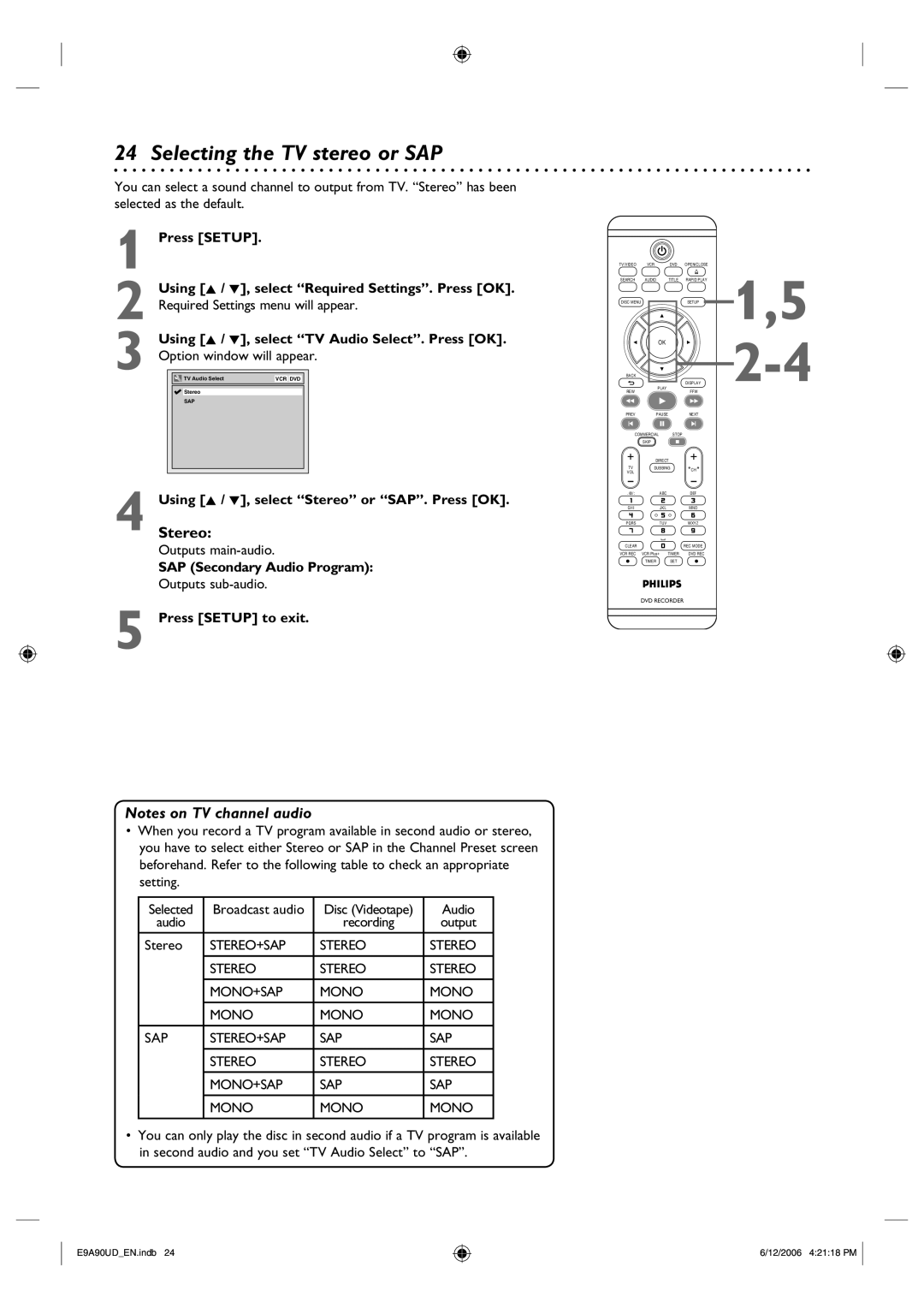 Philips DVDR3435V/37 user manual Selecting the TV stereo or SAP, UsingStereoK / L, select Stereo or SAP. Press OK 