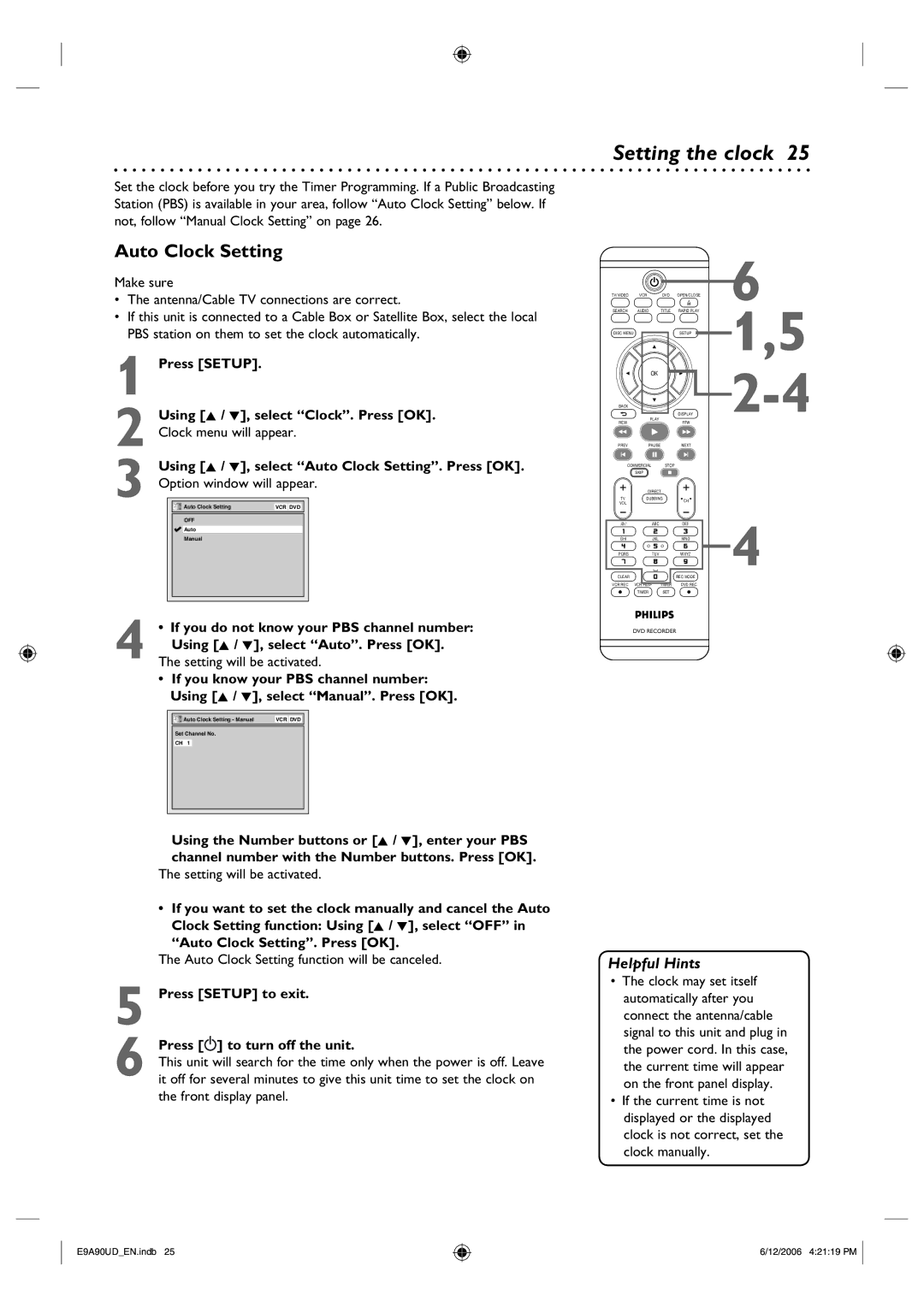 Philips DVDR3435V/37 user manual Setting the clock, Auto Clock Setting, Setting will be activated 