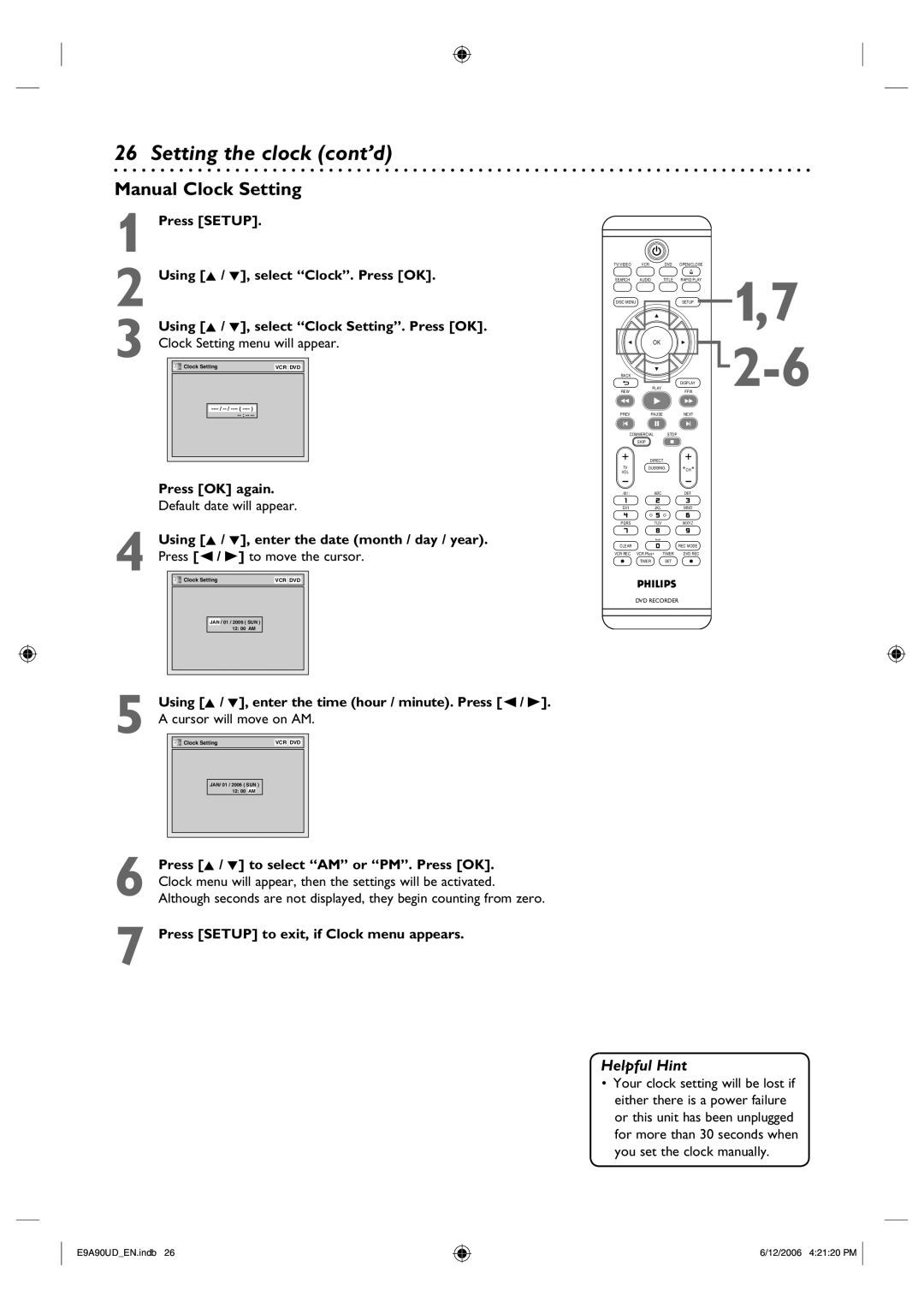 Philips DVDR3435V/37 user manual Setting the clock cont’d, Manual Clock Setting 