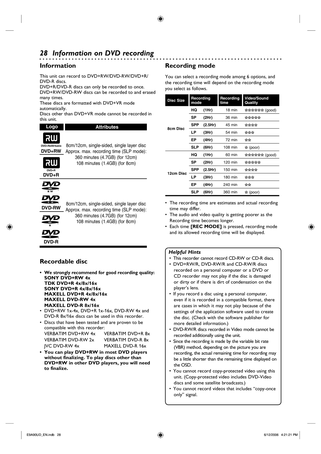 Philips DVDR3435V/37 user manual Information on DVD recording, Recording mode, Recordable disc 