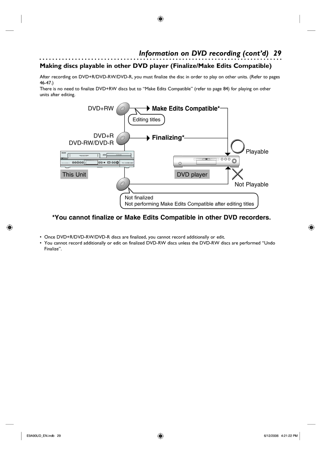 Philips DVDR3435V/37 user manual Information on DVD recording cont’d, DVD+R Finalizing 