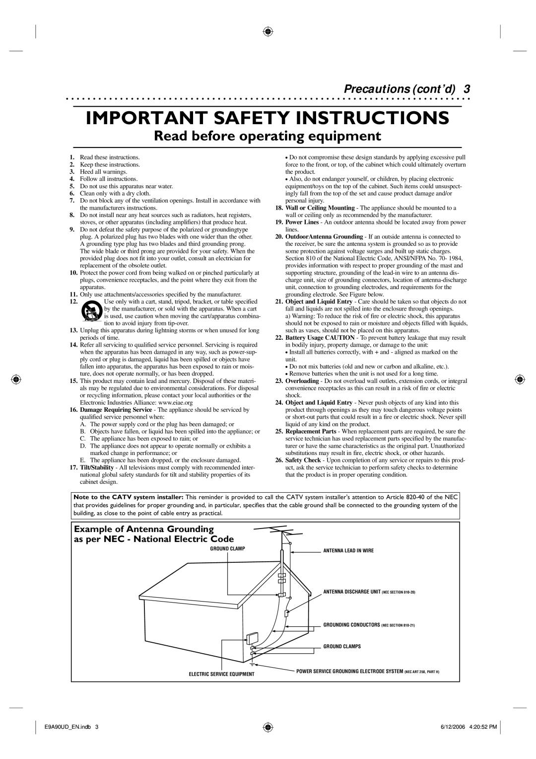 Philips DVDR3435V/37 user manual Important Safety Instructions, Precautions cont’d 