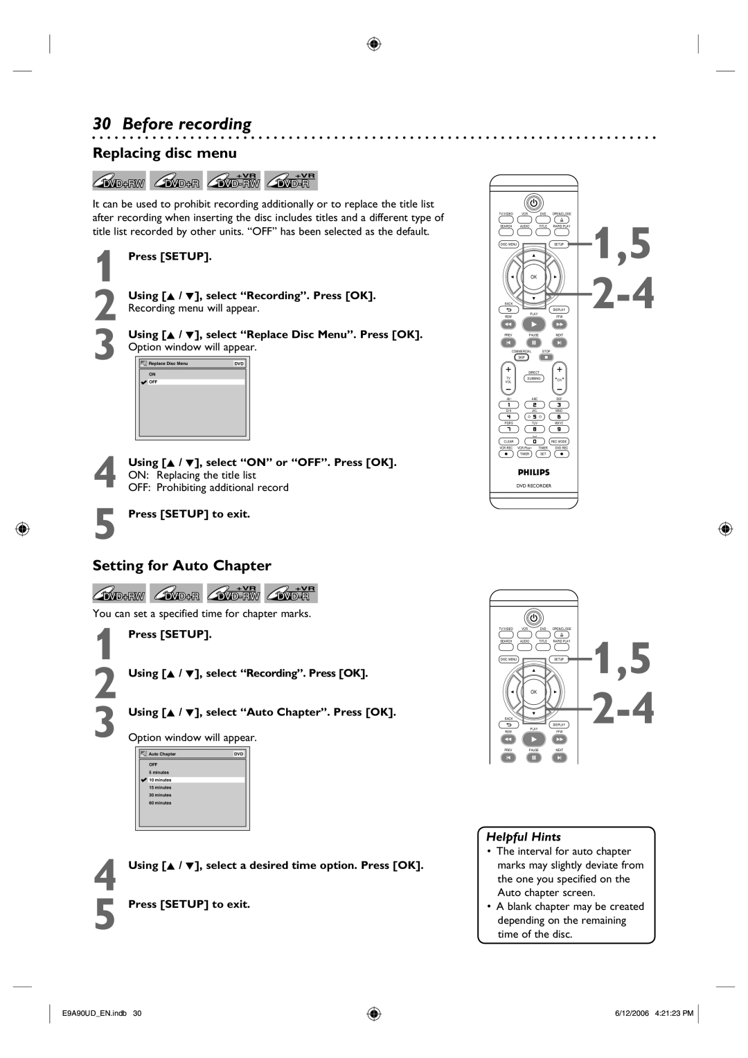 Philips DVDR3435V/37 user manual Before recording, Replacing disc menu, Setting for Auto Chapter 