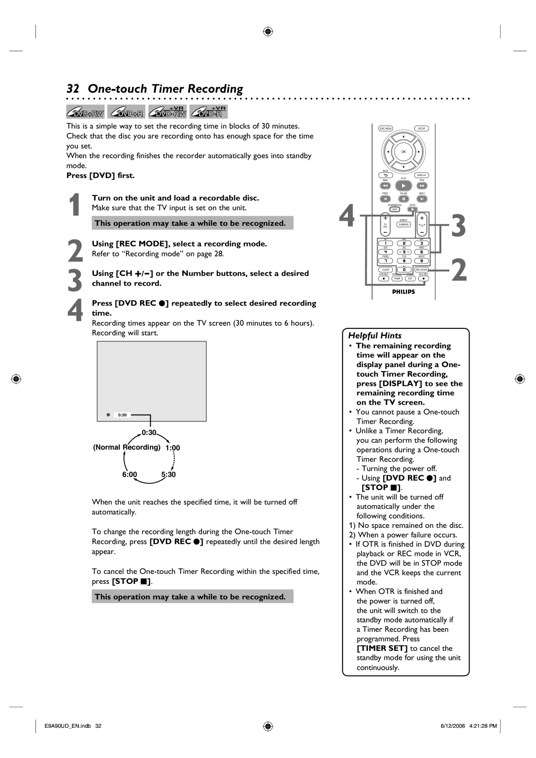 Philips DVDR3435V/37 user manual Recording will start, You cannot pause a One-touch Timer Recording 