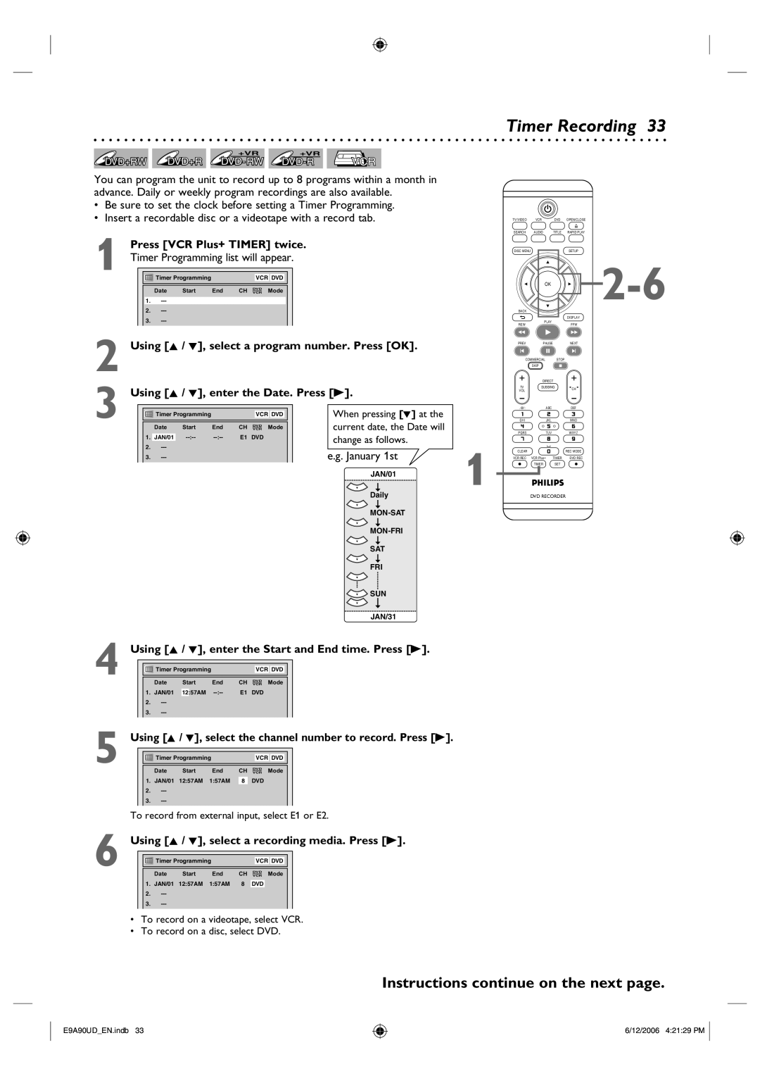 Philips DVDR3435V/37 user manual Timer Recording 