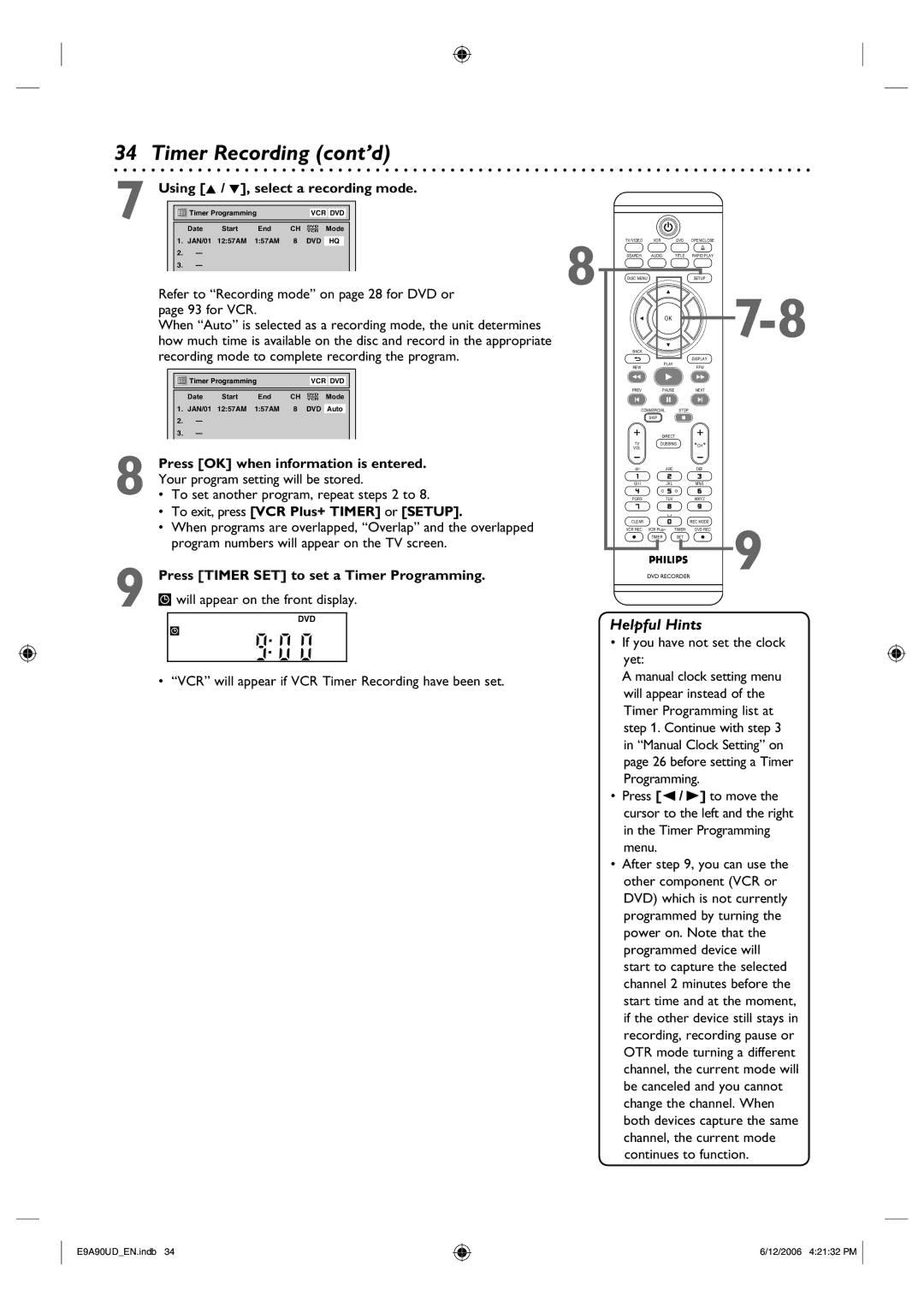 Philips DVDR3435V/37 user manual Timer Recording cont’d 