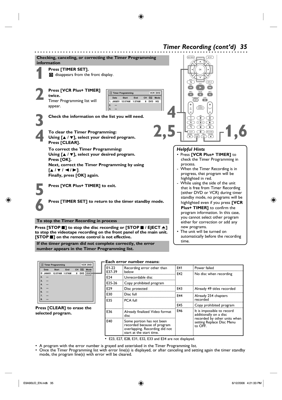 Philips DVDR3435V/37 user manual Timer Programming list will, Appear, Each error number means 