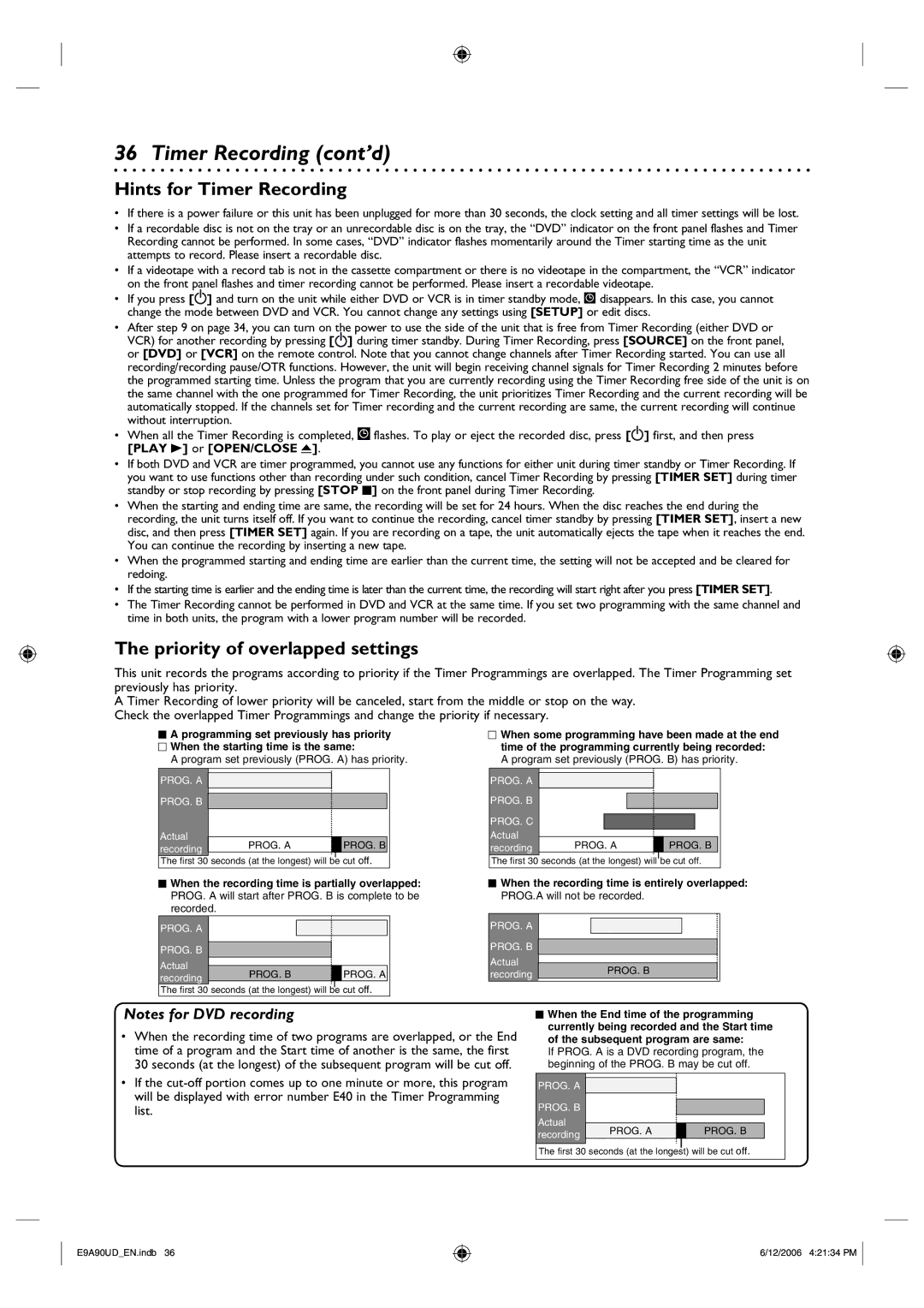 Philips DVDR3435V/37 user manual Hints for Timer Recording, Priority of overlapped settings 