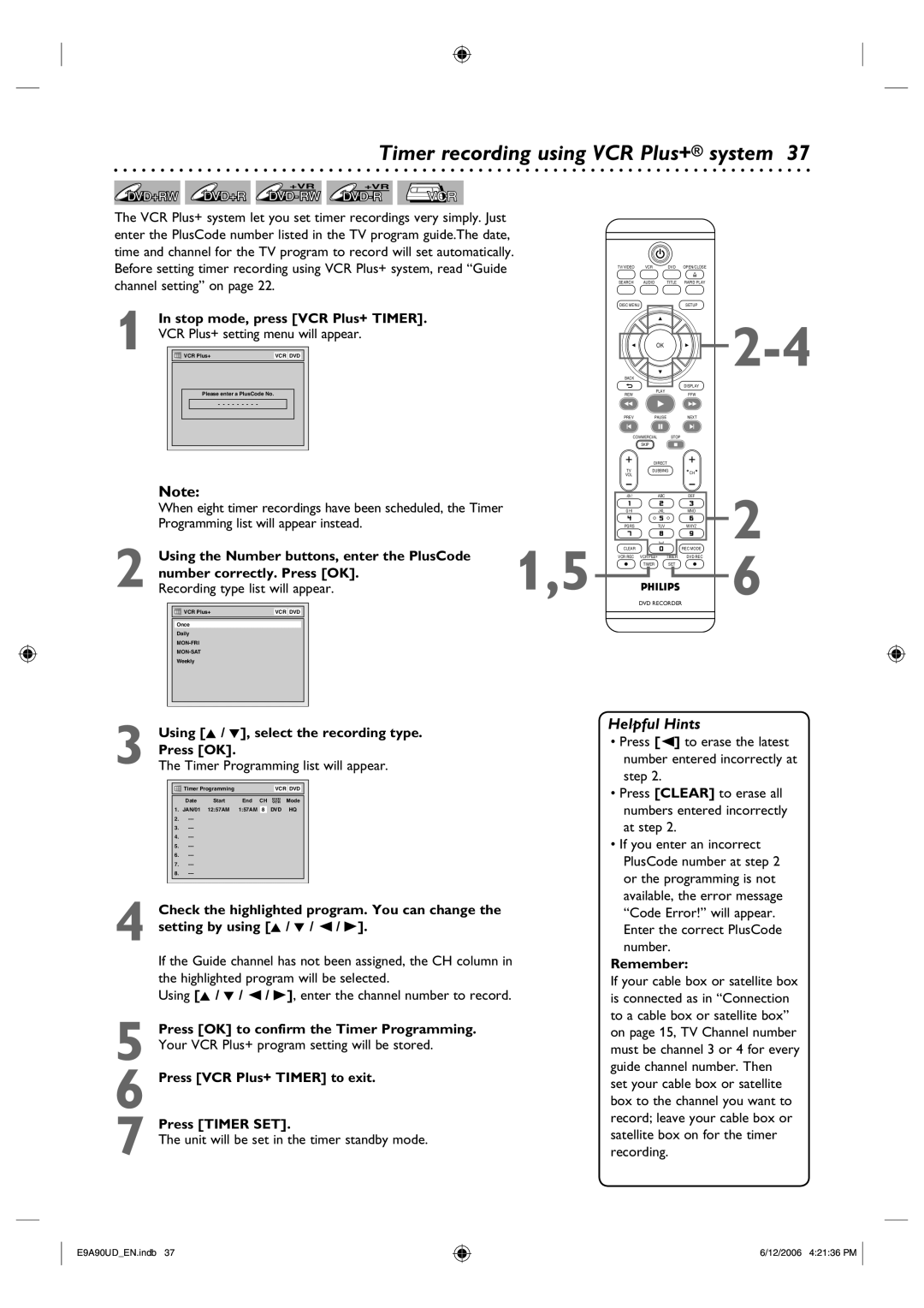 Philips DVDR3435V/37 user manual Timer recording using VCR Plus+ system 