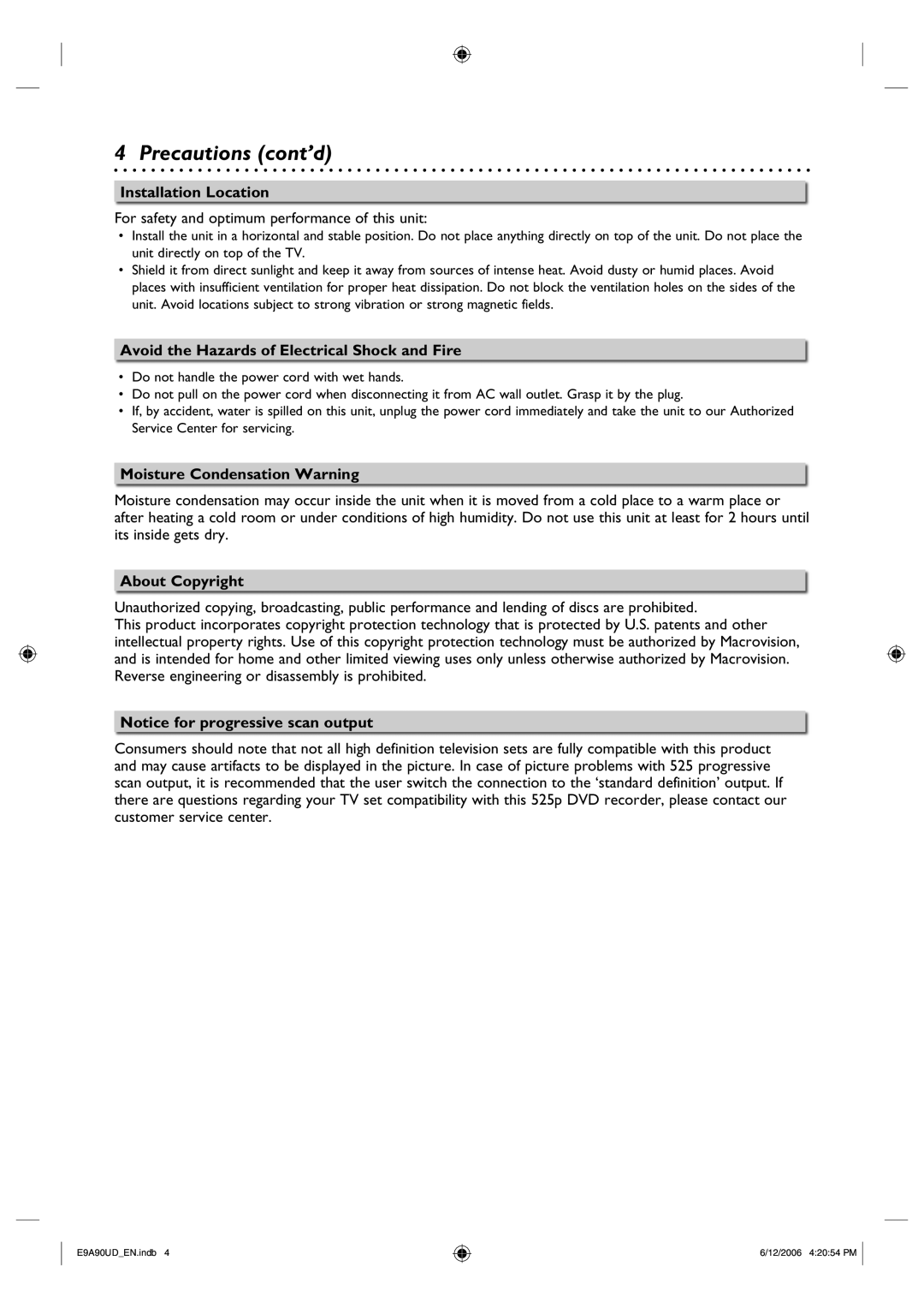 Philips DVDR3435V/37 Installation Location, Avoid the Hazards of Electrical Shock and Fire, Moisture Condensation Warning 