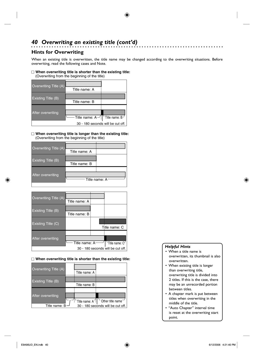 Philips DVDR3435V/37 user manual Hints for Overwriting 