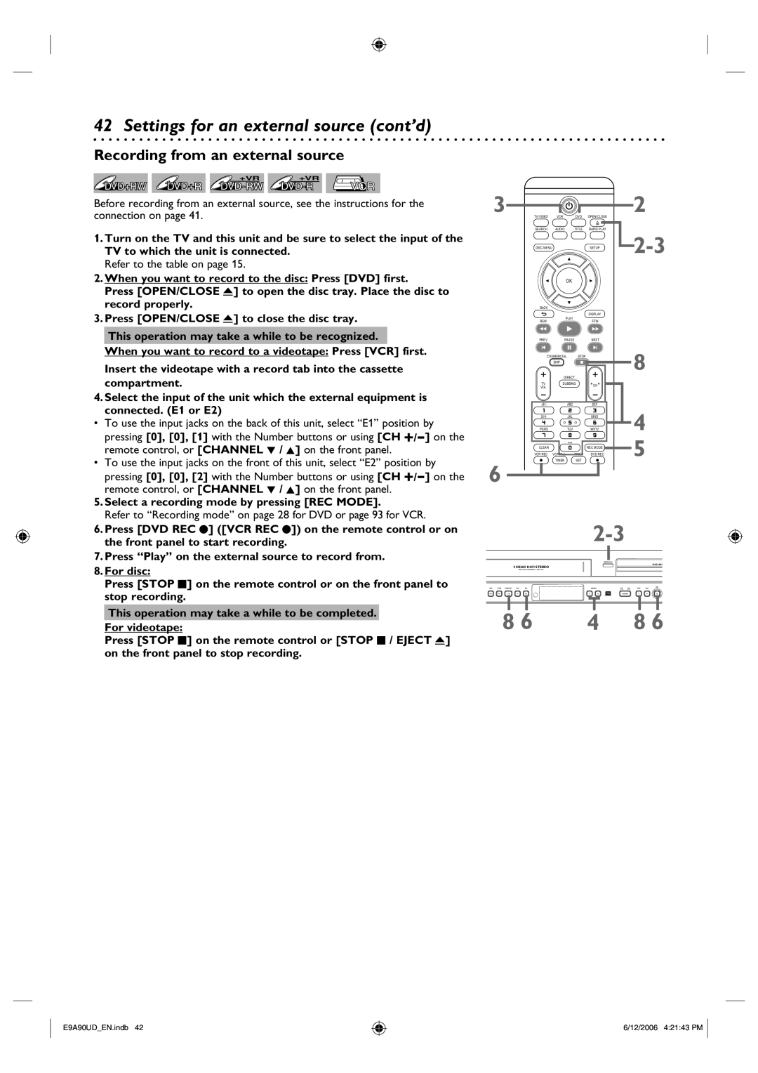 Philips DVDR3435V/37 user manual Settings for an external source cont’d, Recording from an external source 