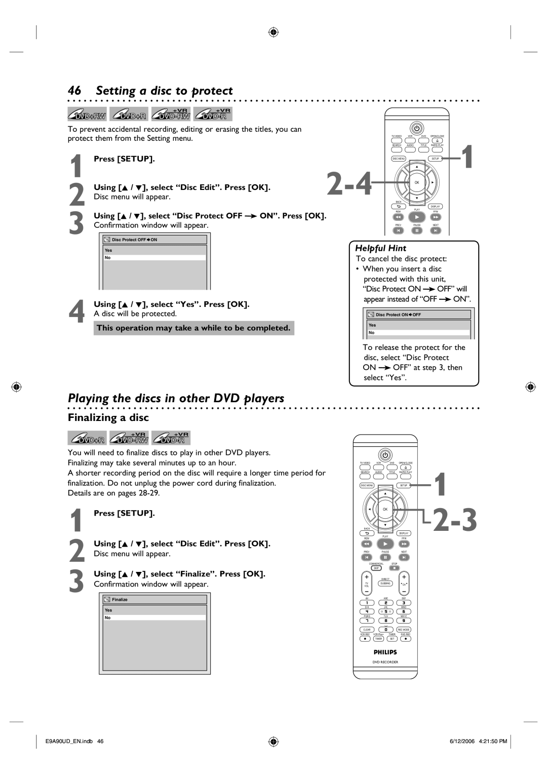 Philips DVDR3435V/37 user manual Setting a disc to protect, Playing the discs in other DVD players, Finalizing a disc 