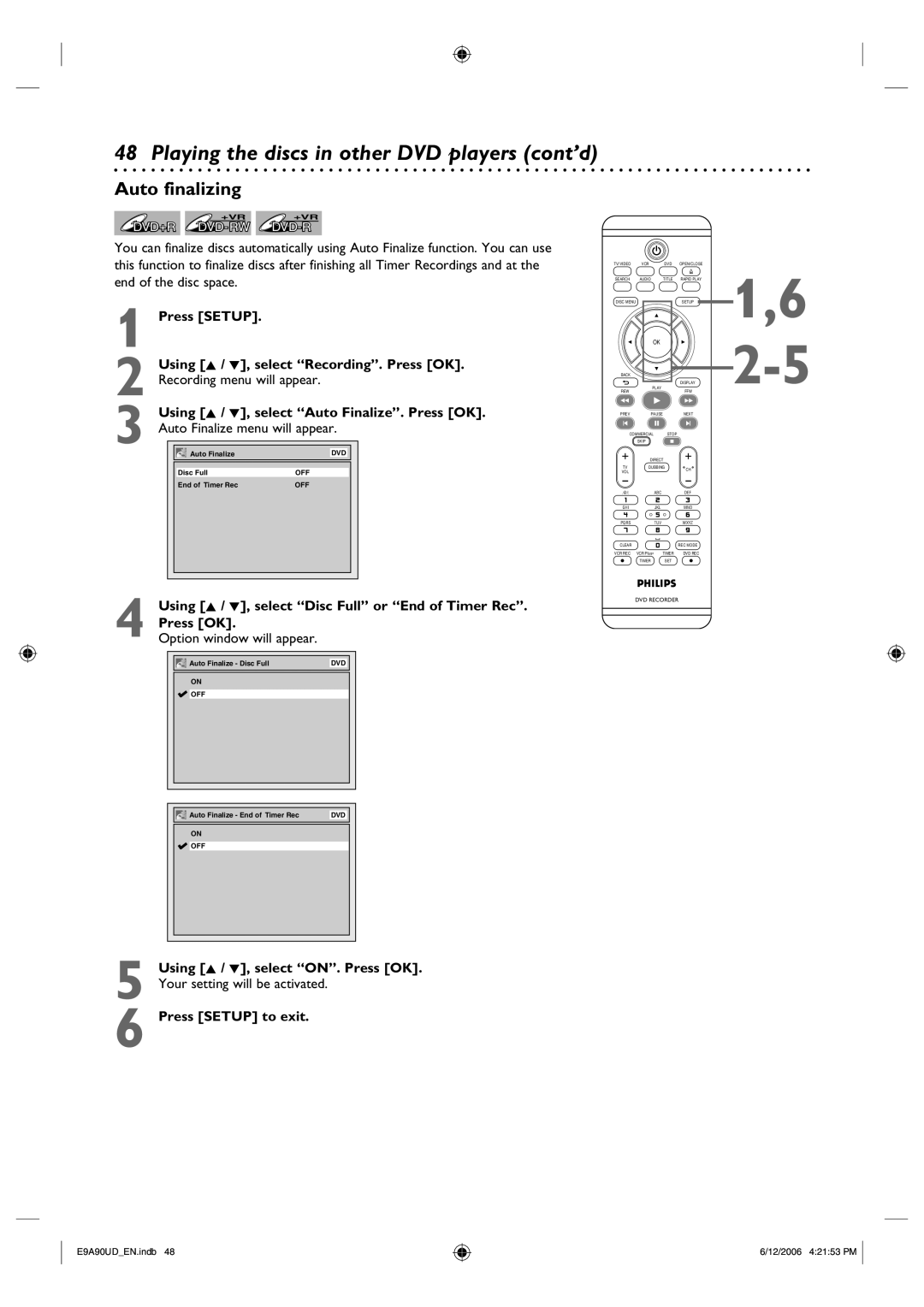 Philips DVDR3435V/37 user manual Auto finalizing, Using K / L, select Disc Full or End of Timer Rec 