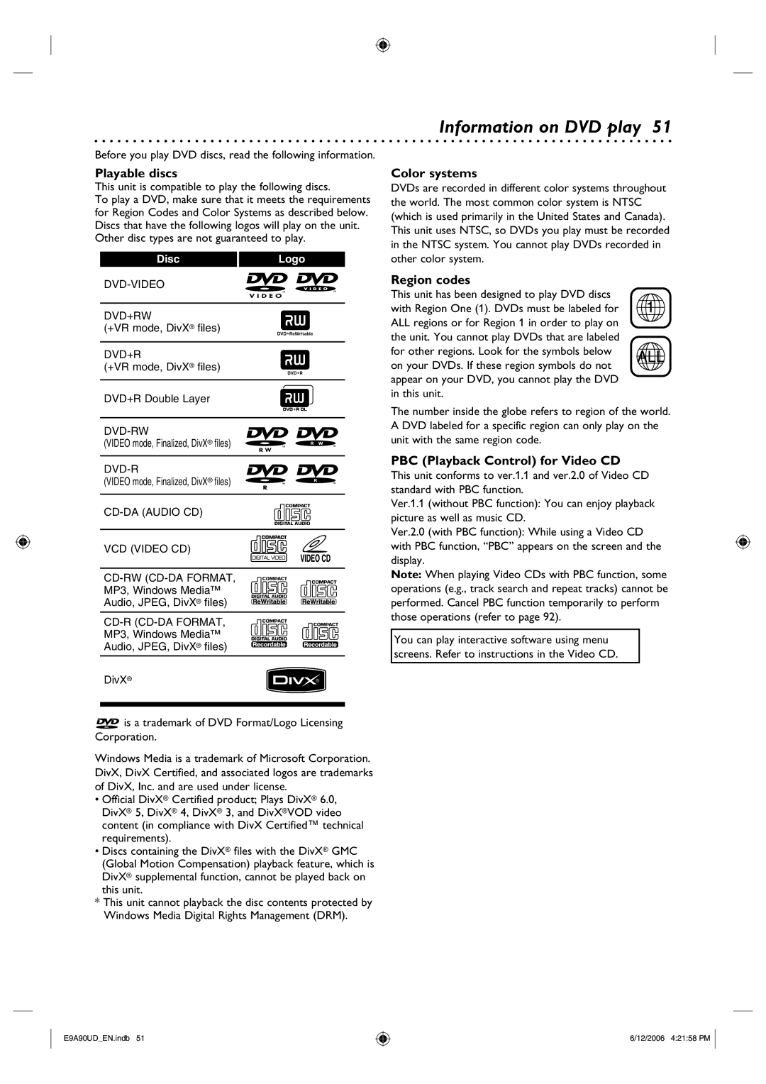 Philips DVDR3435V/37 user manual Information on DVD play, Playable discs, Color systems, Region codes 