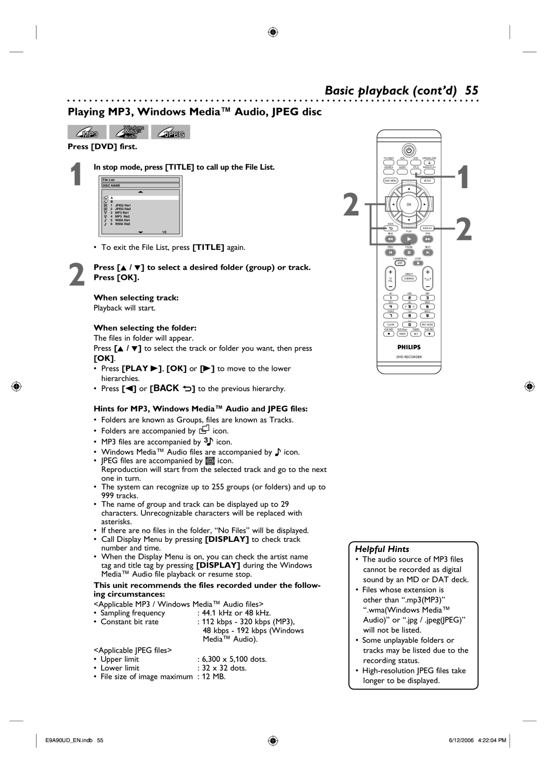 Philips DVDR3435V/37 user manual Playing MP3, Windows Media Audio, Jpeg disc, When selecting the folder 