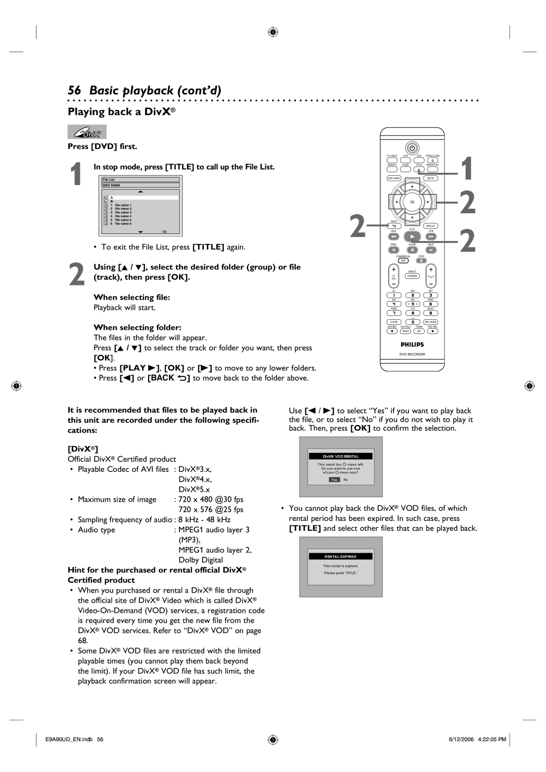 Philips DVDR3435V/37 user manual Playing back a DivX 