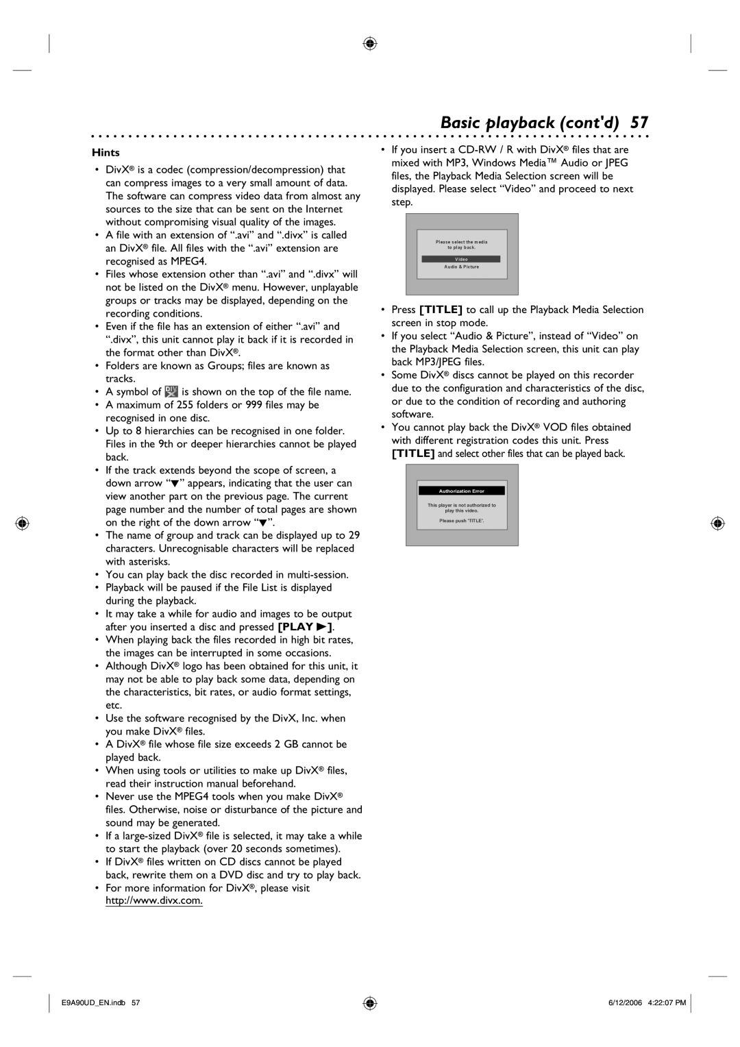 Philips DVDR3435V/37 user manual Basic playback contd, Hints 