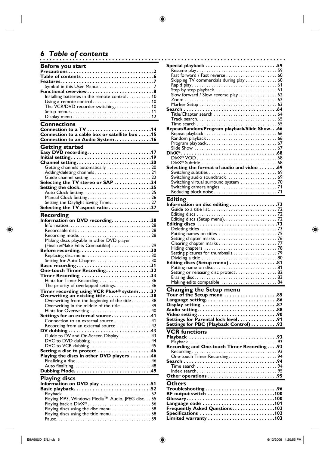 Philips DVDR3435V/37 user manual Table of contents 