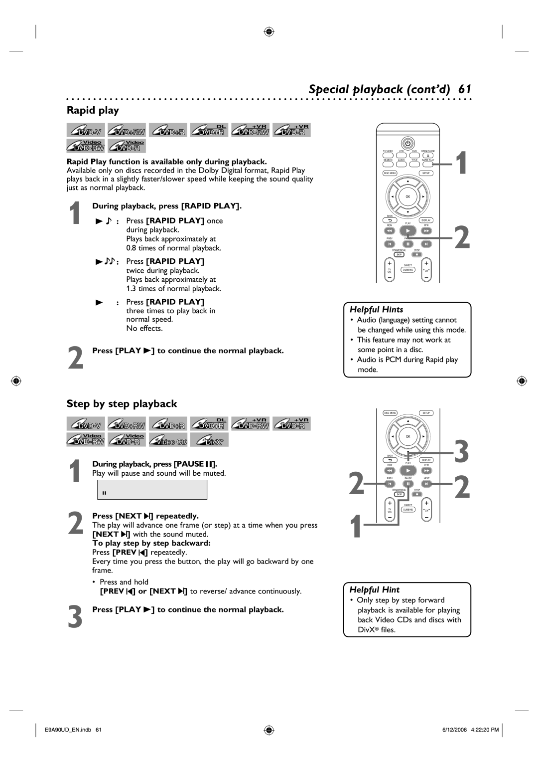 Philips DVDR3435V/37 user manual Special playback cont’d, Rapid play, Step by step playback 