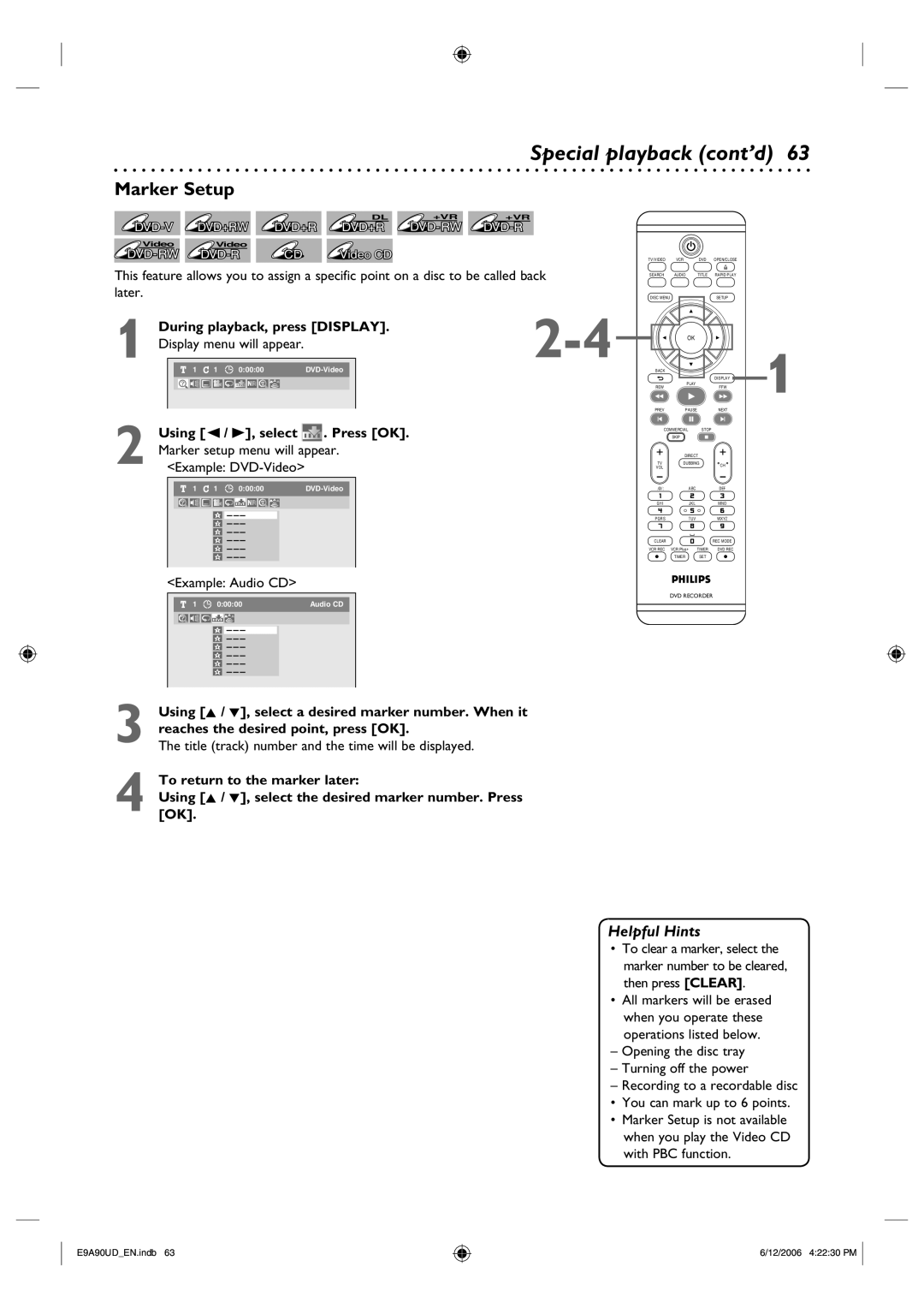 Philips DVDR3435V/37 user manual Marker Setup, Later, During playback, press Display, Using / B, select Press OK 