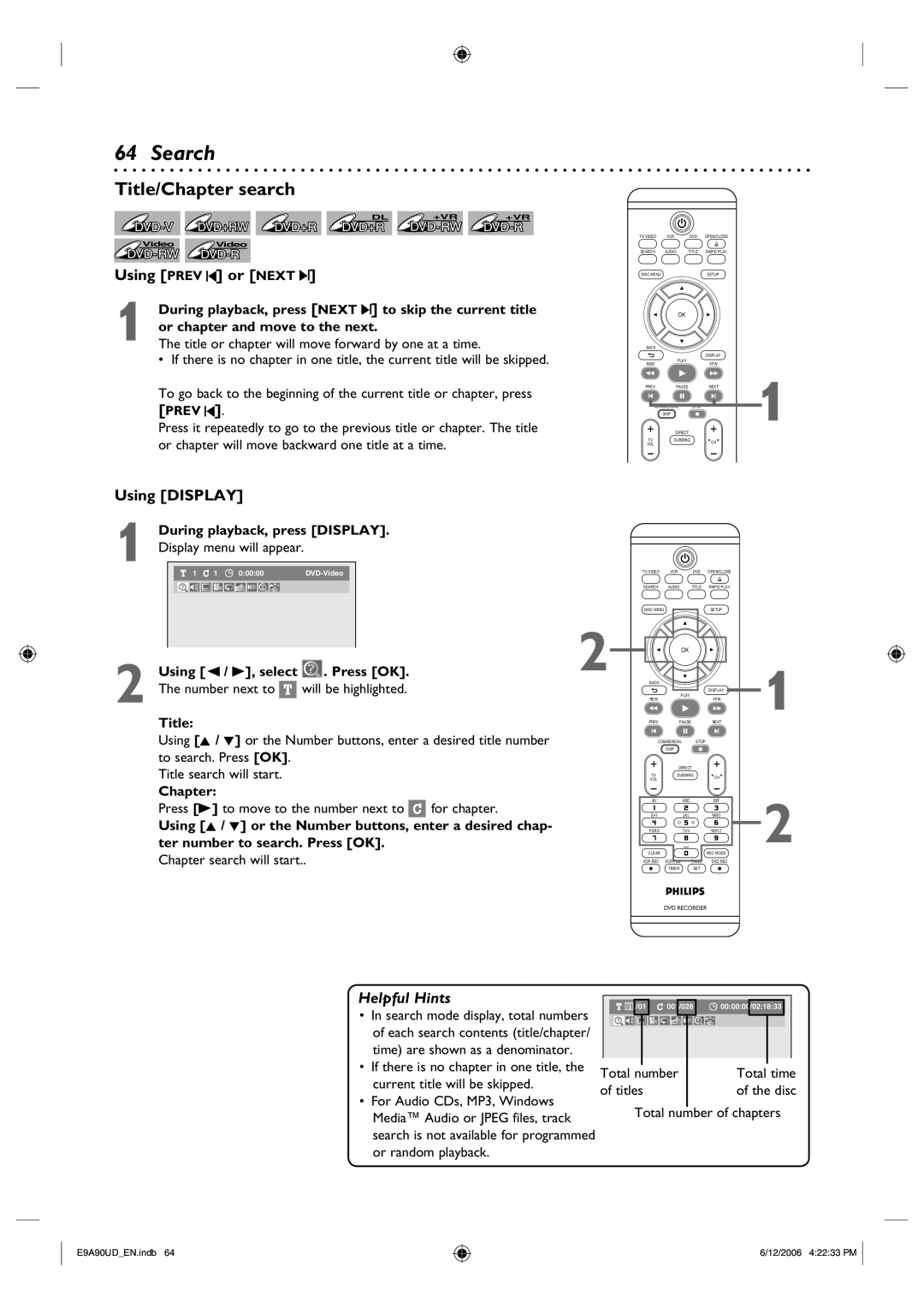 Philips DVDR3435V/37 user manual Search, Title/Chapter search, Using Prev or Next, Using Display 